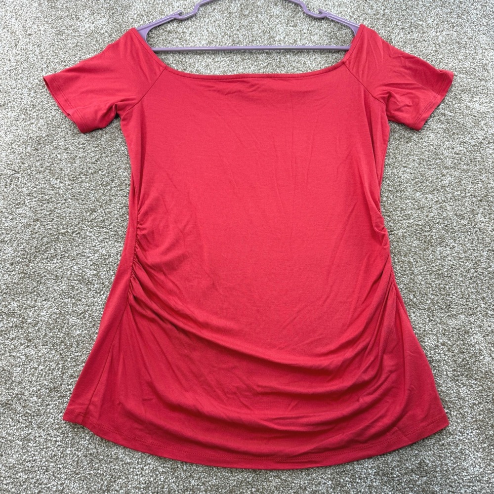 White House Black Market Red Off the Shoulder Ruched Top Medium Short Sleeve